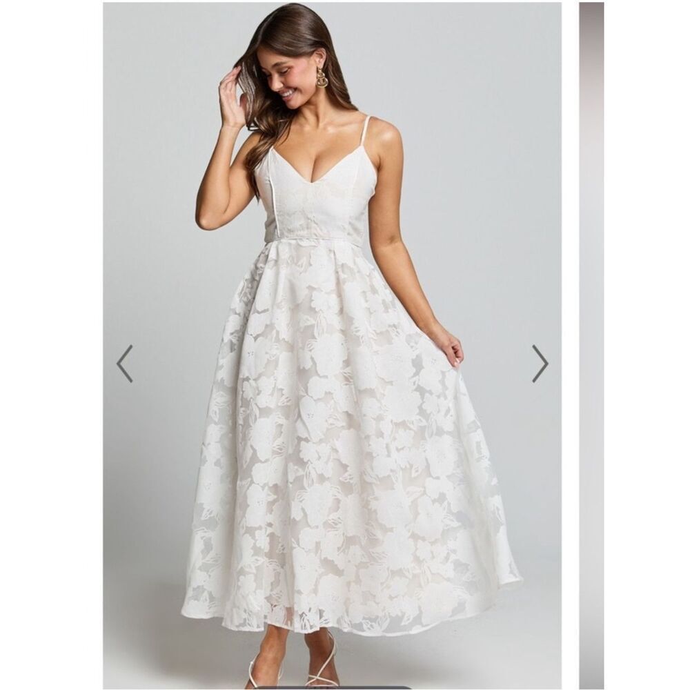 Showpo NWT Philine Midi Jacquard Plunge Dress Off White Size 2